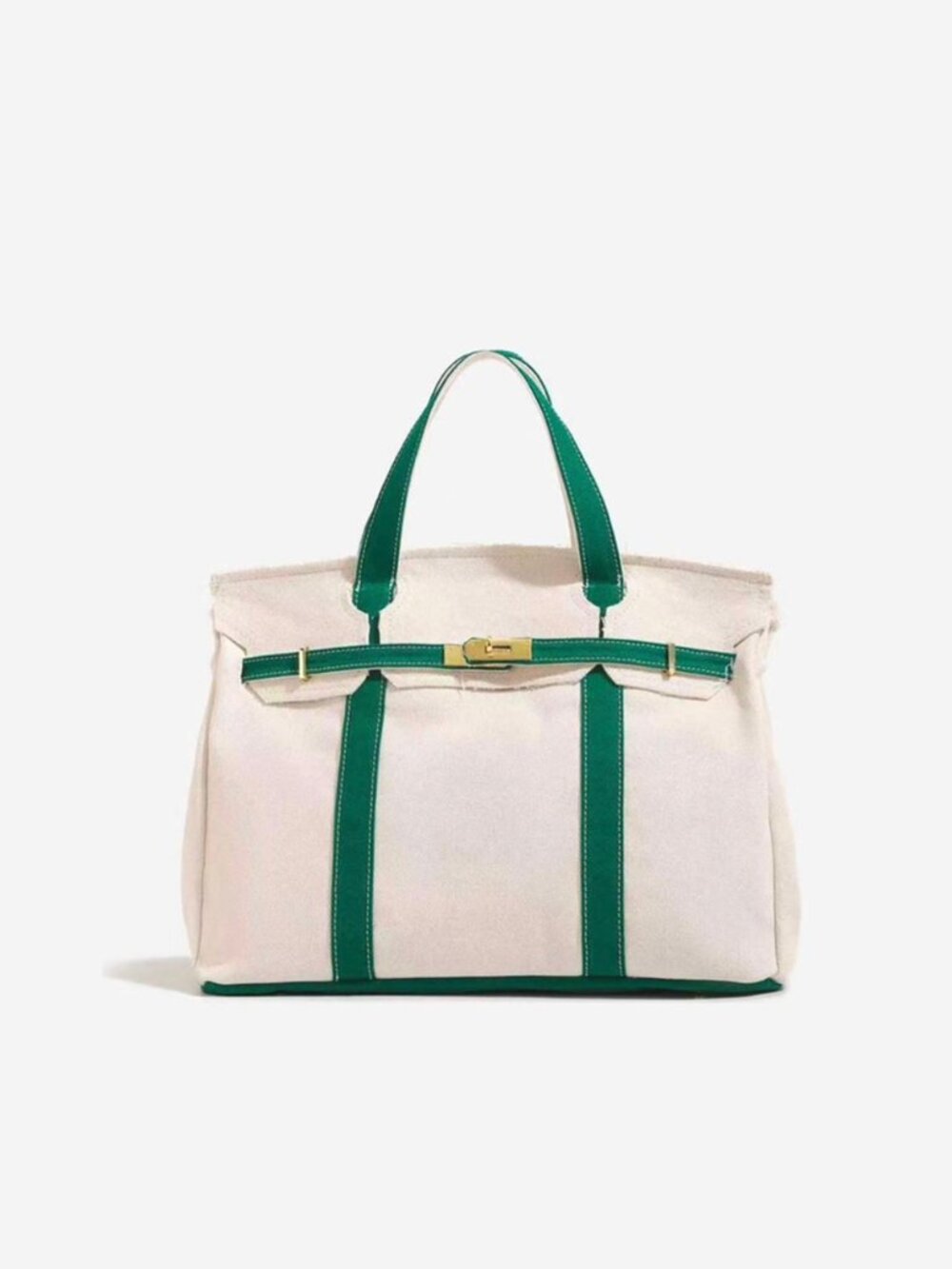The Boatkin Canvas Tote Bag – Spacious Everyday Bag Beige & Green w/ Gold Buckle